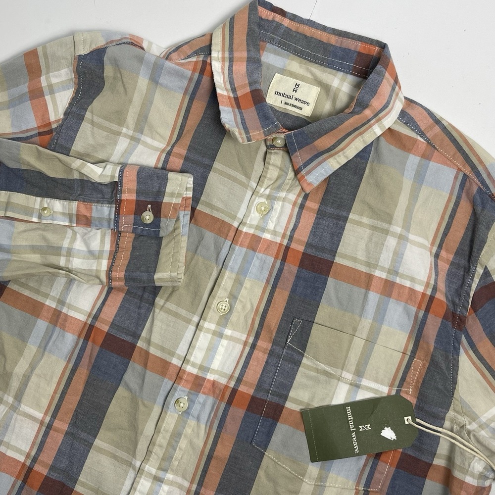 Mutual Weave Men's Plaid Khaki Orange Blue Long Sleeve Button Up NEW NWT‎